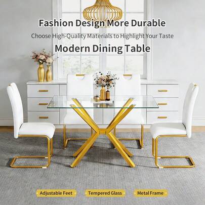 47.24" Rectangular Tempered Glass Dining Table With Silver Metal Legs - Modern Kitchen Dining Table For Dining Room And Easy To Assemble