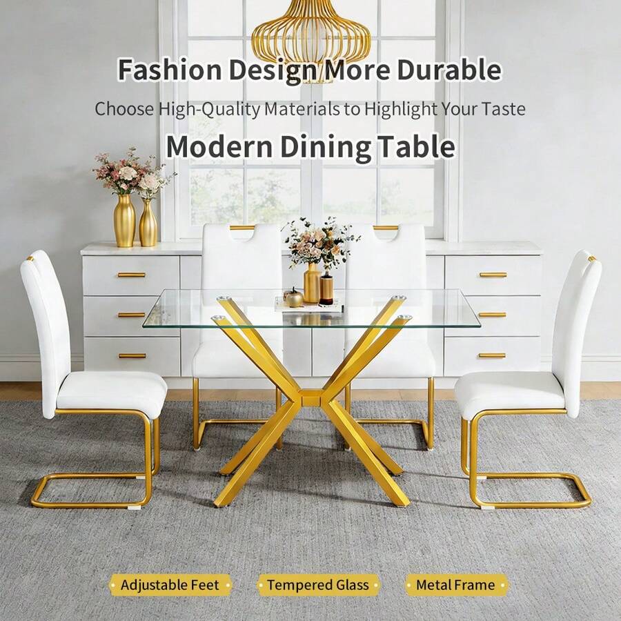 47.24" Rectangular Tempered Glass Dining Table With Gold Metal Legs - Modern Kitchen Table For Dining Room, Easy Assembly