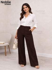 Women's Tailored Dress Pants, Wide Leg, With Zipper, Pockets, And Button, For Office Use. - Dark Brown - View 3