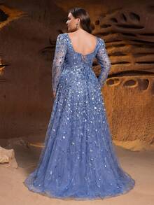 Faeriesty 大码女士长袖串珠礼服，多层薄纱蓬蓬裙，饰以亮片和串珠刺绣，优雅A字廓形，适合正式晚宴、盛会、婚礼、红毯活动、度假春季派对等场合。 - 霧霾藍 - 查看 3