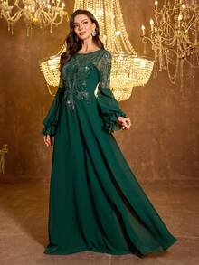 SUPGIR 女士圆领灯笼袖奢华串珠亮片雪纺舞会礼服 - 墨綠色 - 查看 5