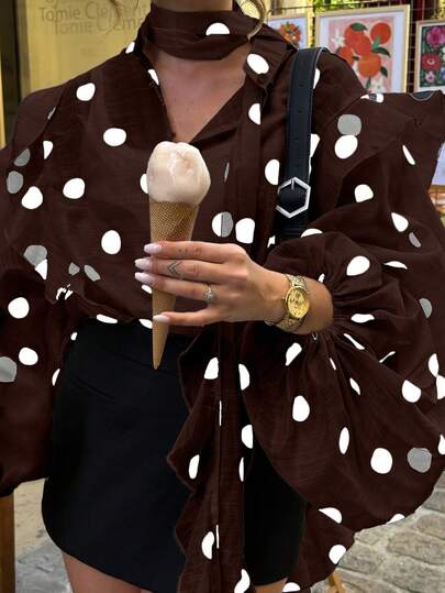 بلوزة فينتاج مطبوعة بنقاط بولكا، أكمام فوانيس فضفاضة من الشيفون، بتصميم كشكش، قميص أزرار شفاف، ملابس الشارع، عطلة الشاطئ الصيفية