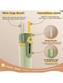 Kit de cepillo de limpieza de botellas 5 en 1 con limpiador de pajitas y cabezales de esponja adicionales - Herramienta de limpieza multifuncional para biberones, tazas de café, tumblers y botellas de agua reutilizables - Amarillo - Ver 5