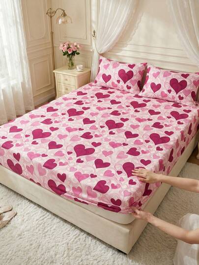 1pc Skin-Friendly Soft & Comfortable Bedsheet, Valentine's Day Gift Bedding Set, Home Decor, Fits Double/Full/Queen Size, Machine Washable, Heart Pattern Bedsheet