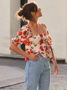 Camisa de mujer Camisa de verano de moda vintage con estampado, escote cuadrado, espalda descubierta y lazo, versátil - Rojo - Ver 4