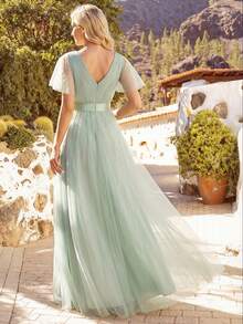 Đầm phù dâu thanh lịch màu xanh lá cây nhạt, cổ chữ V, dáng chữ A, chất liệu chiffon, thích hợp cho khách dự đám cưới, ngày Valentine, tiệc sinh nhật và các dịp trang trọng mùa xuân. - Màu xanh Bạc hà - Xem 3