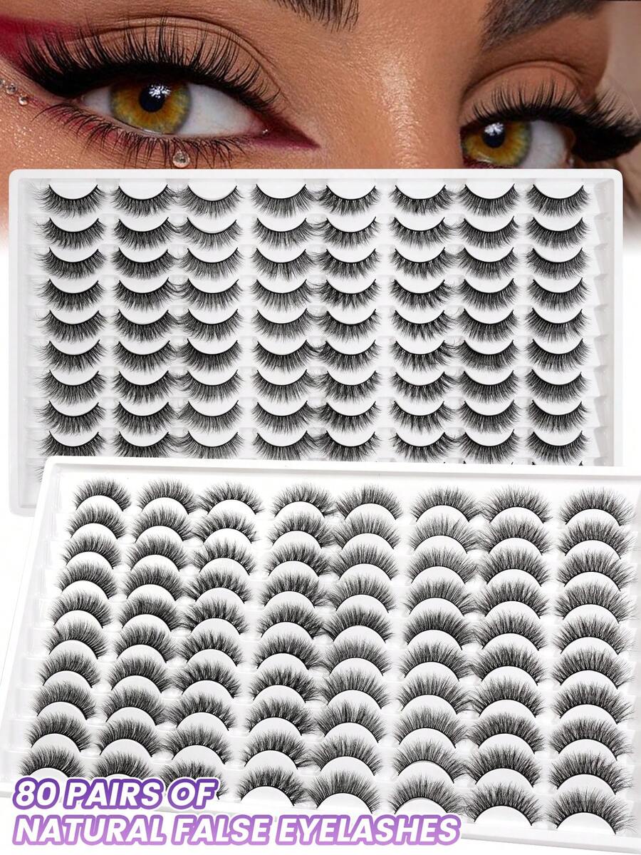 40/80 Pairs Mixed Style Natural Crossover False Eyelashes, Handmade Lengthened Thick Curly Eyelashes Artificial 3D Faux Mink Eyelashes D Curvature Makeup Tools Hot Sellers For Daily Life,Gift For Women - 黑色 - 查看 1