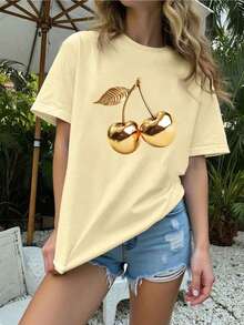 大码夏季金色樱桃印花短袖T恤，休闲舒适日常上衣 - 杏色 - 查看 6