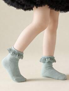 4 Pairs Cotton Baby Girls Lace Trim Colorful Striped Princess Mid-Calf Socks, Spring/Summer/Autumn - Multicolor - View 6