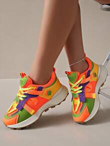 2024新款女式厚底运动鞋，棕色增高网眼透气拼接款，春夏款 - 橘色 - 查看 4