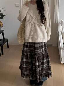 蝴蝶结装饰长袖毛衣，宽松针织高品质套头衫 - 杏色 - 查看 4