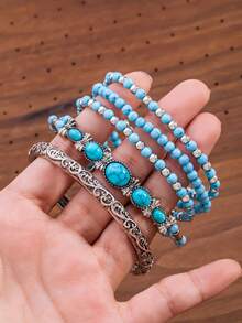 1 Set de pulseras estilo bohemio vintage elegante con cuentas de turquesa para mujeres - Multicolor - Ver 1