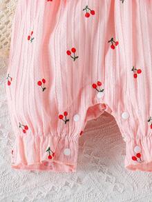 1 pieza Mono de manga corta con estampado de cerezas lindo para bebé niña, estilo Mori ligero para primavera/otoño - Rosa - Ver 7