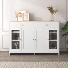 Sideboard mit weißer Holzmaserung, vier Türen, mit zwei Schubladen, Tür mit Glas. Wohnzimmer, Esszimmer. Holzfarbe und Weiß - Weiss - Übersicht 7