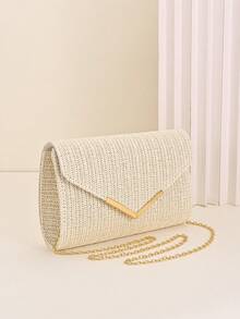 Envelope Style Summer Straw Clutch Bag | Gold V-Trim For Beach & Casual Outings |Casual-Elegant Straw Clutch | Woven Straw Clutch L Accent – Summer Essential - Beige - View 2