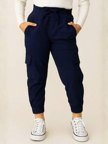 Girls' Denim Jeans With Pockets And Elastic Waistband, Blogger Style, Solid Colors, Back To School, Basic Casual Navy Blue. - Màu xanh hải quân - Xem 1