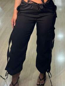 Women's Cargo Pants, Parachute Style, Foreign Fashion, Simple Fabric, Pocket, Knot, Drawstring, Daily, Night, Holiday, Birthday Party, Airport Wear - 黑色 - 查看 3