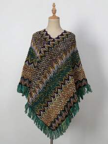 1件人字纹流苏披肩，斗篷披肩，时尚百搭旅行披风，保暖围巾外套 - 人字紋流蘇披肩 - 查看 7