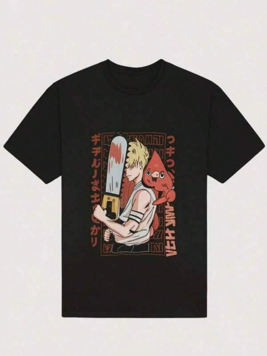 Men's Christmas Shirts 2025 Christmas Thanksgiving Tshirt Anime Character With Chainsaw Arm, Red Creature, And Japanese Text Around T Shirt 220g,Unique Print Casual T-Shirt,Machine Washable SpringSummer Holiday Apparel Thanksgiving T Shirts,Pure Cotton T-Shirt,Fashion Print Casual T-Shirt, Effortless Styling, Showcase Your Unique Style Bovfriend Gifts, Graphic Tees,Back To School - Black - View 1
