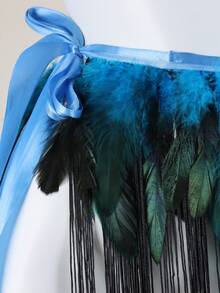 Faux Feather Tassel Waist Skirt | Adjustable Satin Tie Party, Ball, Dance Costume Accessory - A - View 5