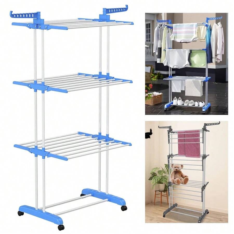 Lothes Airer Clothes Drying Rack Extra Large 4 Tier Clothes Horse Drying Rail Stainless Steel Garment Laundry Clothes Dryer Racks Blue - Blue - View 1