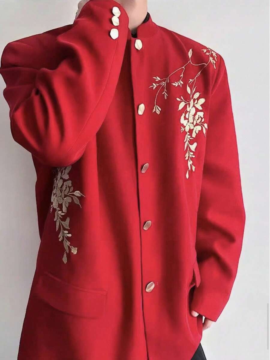 A Super Festive Suit! Spring New Style, Heavy Embroidery, New Chinese Style, Suit Jacket, Best Man, Red Zhongshan Suit, Wedding Dress, Groom's Uniform And Suit Crying, Two-Piece Set. Wearing It, You Are Like The Most Handsome Man At A Wedding, A Very Eye-Catching Outfit That Adds A Touch Of Chinese Romance To Your Wedding! - 紅色 - 查看 1