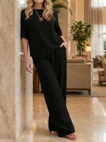 Plus Size Women's Daily Commute Solid Color Round Neck Short Sleeve Top And High Waist Pocket Wide Leg Pants Set, Spring/Summer - Black - View 2