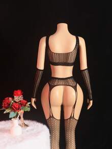 3件套女士黑色镂空网纱吊带背心、透明连裤袜、袖口吊袜带性感内衣套装 - 黑色 - 查看 4