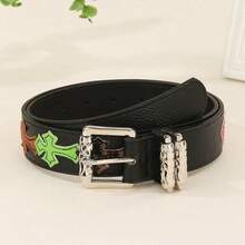 1 pièce Ceinture  texturé noir à motif floral avec boucle métallique style Y2K, convient pour assortir avec des sweats à capuche, jeans déchirés, tenues , port quotidien, style mode, activités de plein air, rassemblements, fêtes, accessoire automne/hiver, Noël, Saint-Valentin, rentrée scolaire, Halloween, vacances, cadeau de graduation, anniversaire - Motif multicolore - Voir 2