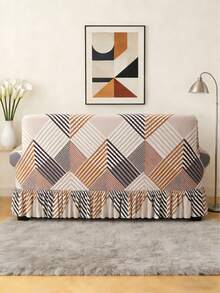 1pc Geometric Pattern Sofa Cover With Skirt Elasticity, Fully Wrapped Polyester Fiber Sofa Cover, Knitted Milk Silk, Suitable For All Seasons - Apricot - View 7