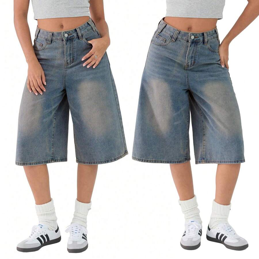 Valentine's Day Women Jean Jorts Baggy Loose Fit Jean Shorts 2026 Summer Wide Leg Long Denim Shorts Y2K Clothes - 中等水洗藍 - 查看 1