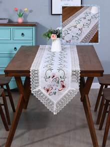 1pc Butterfly Embroidered Lace Trim Table Runner, Romantic Polyester Lace Edge Dust & Heat Resistant Table Runner, Suitable For Dining Table, Coffee Table, Home Decor, Wedding, Party, Holiday - Champagne - View 9