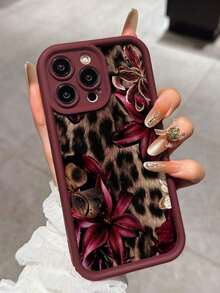 Cute Pink Lily Flower & Leopard Print Matte Anti-Drop Phone Case Compatible With IPhone 11, 12, 13, 14, 15, 16, 13 Pro Max, 16 Plus, 17 Pro Max, Scratch Resistant,Fashionable Valentine's Day Gifts,Summer Flower - 酒紅色 - 查看 1