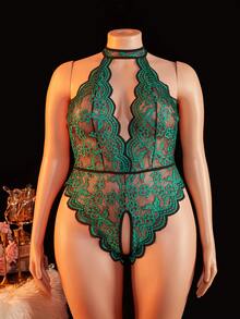 Plus-Size Lace-Up Backless Sexy Lingerie Women's Fashion Bodysuit With Deep V Neckline And No Design - 綠色 - 查看 2