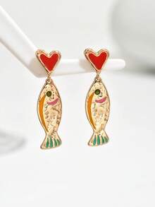 1 Pair Red Enamel Heart & Fish Shaped Pendant Earrings, Elegant Jewelry For Women, Suitable For Daily Wear, Beach Vacation, Gifts, Parties - Yellow Gold - View 1