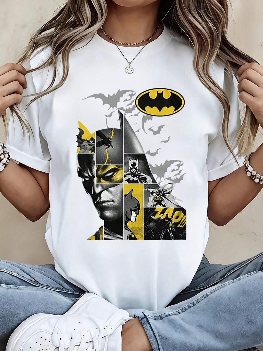 Warner Bros Batman Comic Style Graphic T Shirt Women Unisex Superhero Print Casual Top White - 白色 - 查看 1