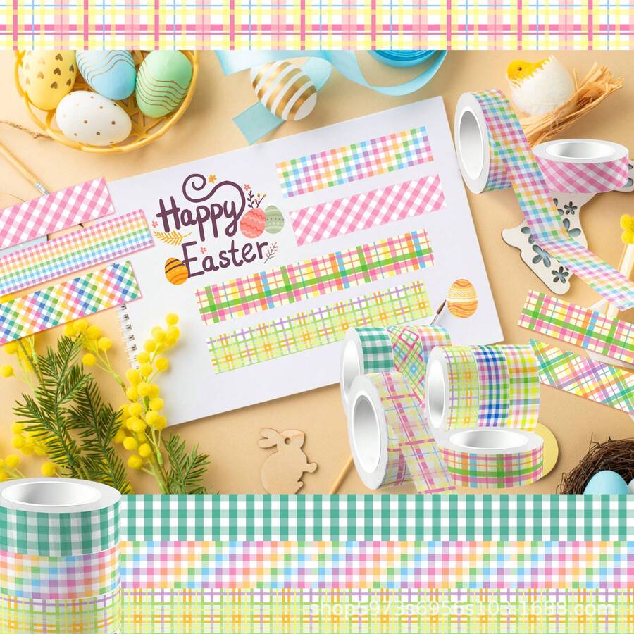 6/12pcs Spring Plaid Easter Gradient Transparent Washi Tape & Paper Tape DIY Craft Decorative Stickers - Multicolor - View 1