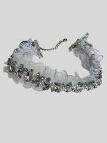 1pc Rhinestone Lace Trim Bridal Thigh High Stockings With Garter (Fits Thigh Circumference: 34-52cm)