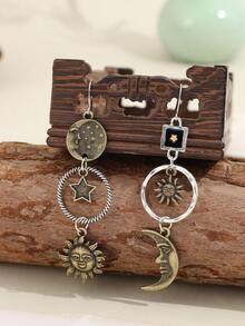 1 对复古创意月亮和太阳长吊坠耳环，男士时尚珠宝