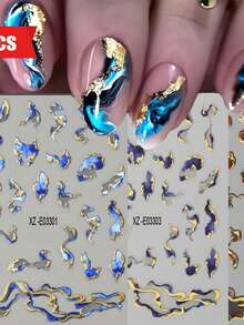 6pcs/3pcs 3D Marble Nail Art Decals Set With Golden Foil Ribbons, Blue And Purple Gradient Marble Effect, Matte Background 3D Self-Adhesive Nail Embellishments, Acrylic Nail Decals For Women's Manicure Supplies - Patterned Stripes, Glitter Finish, Cartoon Theme, Rectangle Shape, Single Use, Unscented - Multicolor - View 12