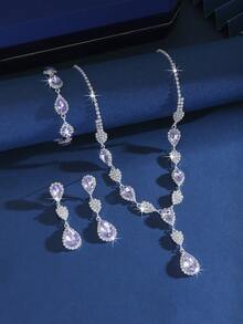 1 Set Copper Material Sparkling Crystal + Inlaid Teardrop Gemstone Necklace Set (Necklace + Earrings + Bracelet), Suitable For Weddings, Gatherings, Formal Parties, Outfits - 1662796 Purple Jewelry Set - View 2