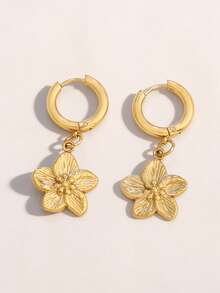 1对不锈钢花朵吊坠耳环 时尚18K PVD镀层圆形耳环 女士首饰 - 花耳環 - 查看 7