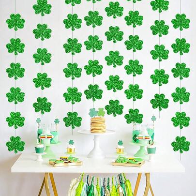 St. Patrick's Day Hanging Decor, Lucky Clover Garland, Green Leaf Ribbons, Irish Party Supplies, Shiny Decorations For Holidays And Parties