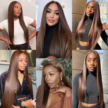 28 Inch 200 Density #4 Brown Color Bone Straight 13X4 13x6 Transparent Lace Front Human Frontal Hair Wigs Hair With Baby Hair 5*5 Put And On No Glue Perfect For Daily Wear Natural Looking Natural Hairline Soft For Women's Long Fashionable Blended Hair Wig - Brown - View 9