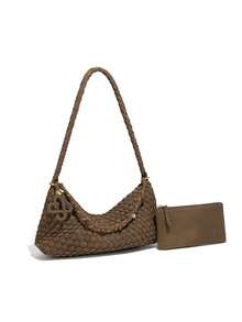 2件套女士麂皮编织单肩包、时尚流浪包、宽松手提包、新月形斜挎包和手提包套装、女士钱包 - 彩色 - 查看 12