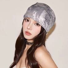 Early Autumn Liquid Silver Leopard Print Headscarf Futuristic Design Cool Hip-Hop Hot Girl Beanie Slouchy Hat - 暈染粉蝴蝶頭巾 - 查看 2