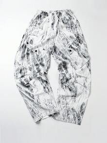 男士数码印花时尚百搭直筒阔腿工装裤、破洞裤、运动裤、伞兵裤、机车休闲裤、丝滑个性迷彩工装裤、秋季 - 黑與白 - 查看 10