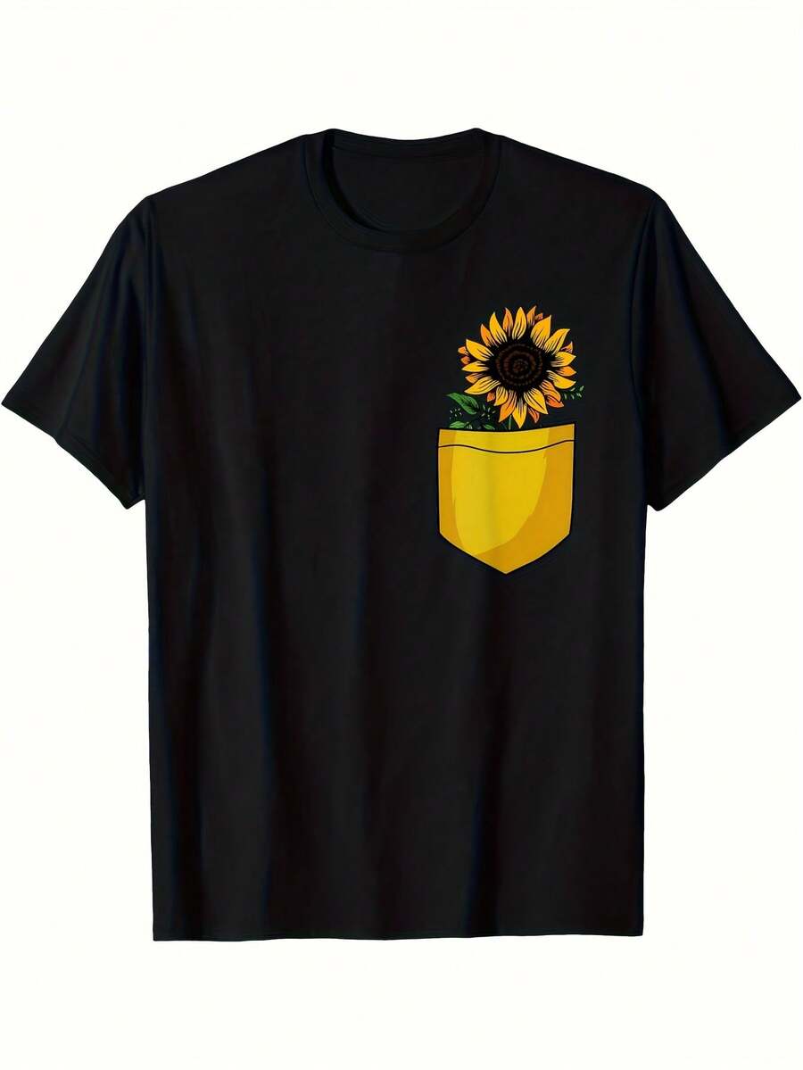 Camiseta negra para hombre con diseño de bolsillo amarillo vibrante - Camiseta informal de cuello redondo y manga corta, corte regular para jardinería, actividades al aire ropa informal, transpirable y duradera. - Negro 19 - Ver 1