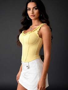 Ruffled Trim U-Neck Bust-Enhancing Tank Top – Waist-Cinching Boned Corset - 黃色 - 查看 2