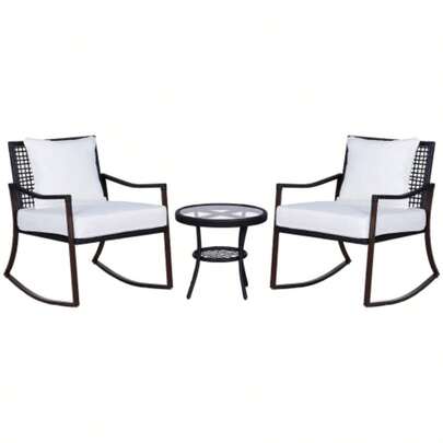 Garden Furniture Set For 2 People, Rocking Chair Set, Garden Lounge Set With Cushions, Rattan, Brown And White